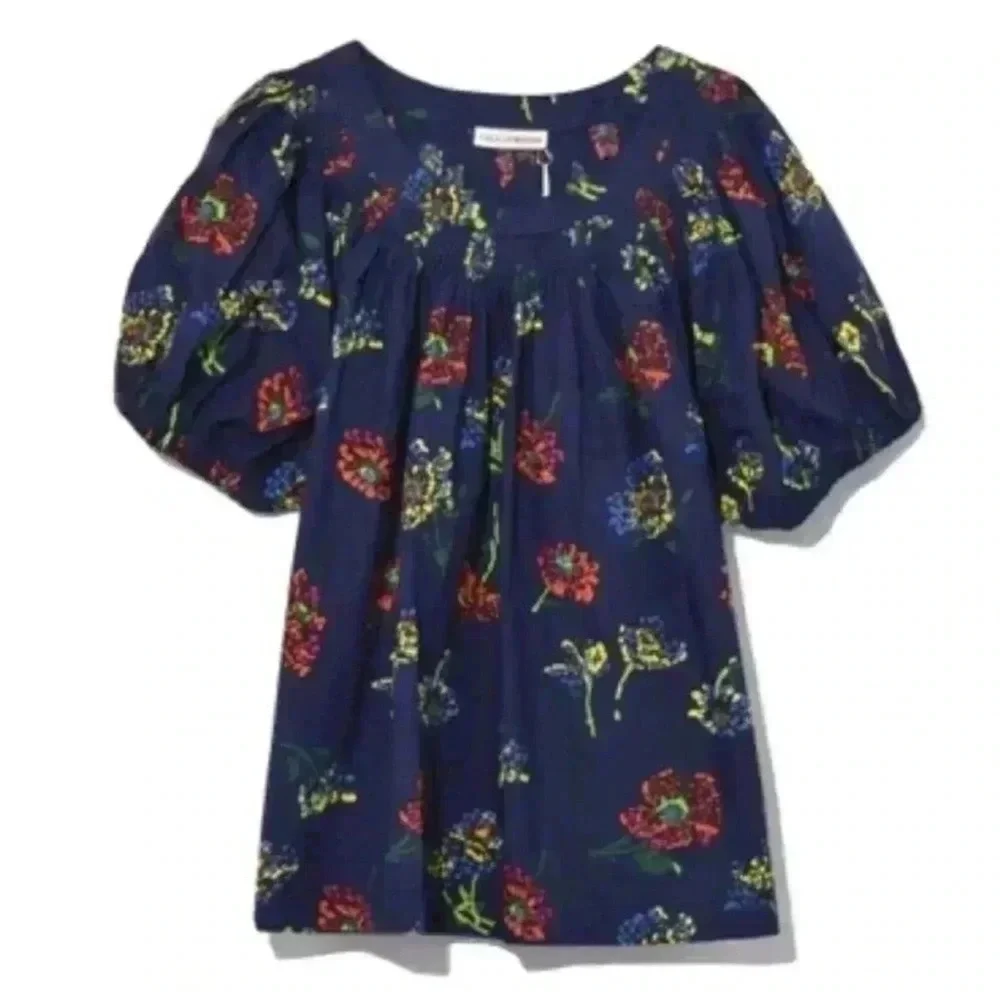 Ulla Johnson Celine Puff Sleeve Floral Blouse Midnight Navy Smocked Top 0